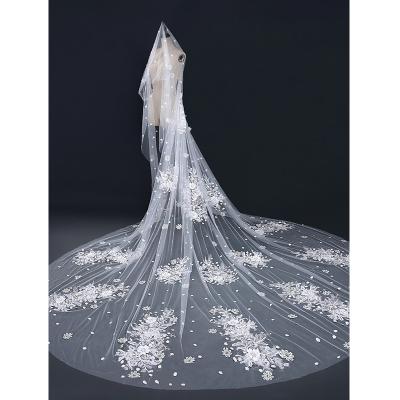 China Exquisite Soft Touch Wedding Veil Headwear 3D Applique Flowers Long Veil Bridal Veil With Lace for sale