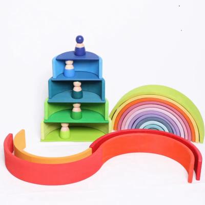 China Construction Toy Rainbow Building Block Set Toy Rainbow Tower Wooden Stackable Toy for sale