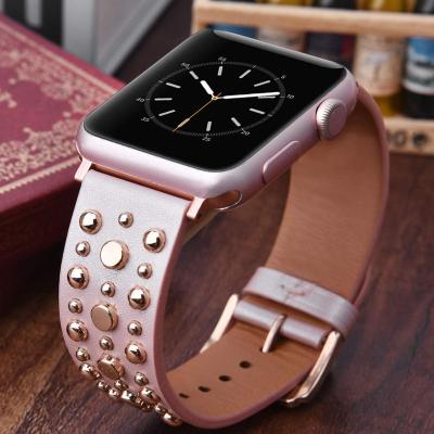 China For Apple Watch Bands 42mm Rivets Genuine Leather Strap For Apple Watch Band Se Correa 7 6 Strap Series 8 Buckle Sport Women For iWatch Ultra 49mm Belt for sale