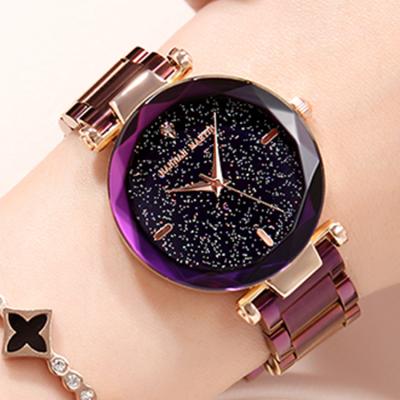 China Modern Lady Watch Gold Stainless Steel Band Watch Diamond Glass Starry Sky Dial Water Resistant for sale