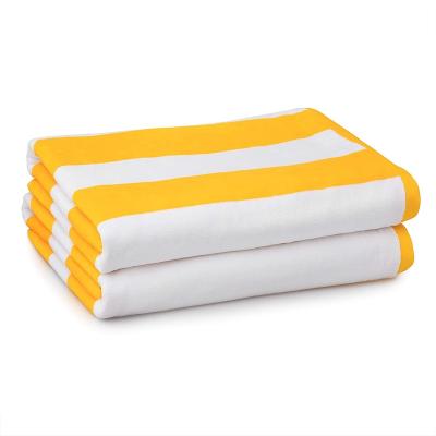 China 100% Cotton Yellow and White Oversized Ultra Absorbent Beach Towels Child Safe Stripe 16S Pool Towel for Hotel and Spa for sale