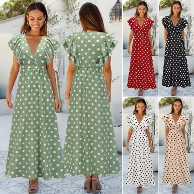 China 2022 New Arrival Polka Dot Short Sleeve Deep V-Neck Summer Beach Washable Plus Size Women Casual Dress for sale