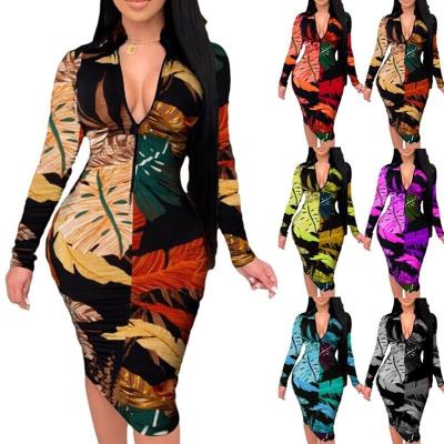 China 2022 Women Breathable Elegant Slim Deep V-Neckline Plus Size 5XL Long Sleeve Tight Autumn Floral Print Bodycon Bodycon Dress Modest Dresses for sale