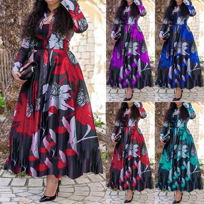 China New Arrival Washable Autumn Stylish Women Dresses Printed Long Sleeves Plus Size Women Casual Floral Print Maxi Dresses for sale