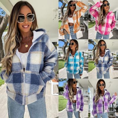 China Autumn Thick Plaid Polo Collar Long Sleeve Warm Women's Breathable Coats 2021 New Arrival Multicolor Hooded Zipper Jacket Coats for sale