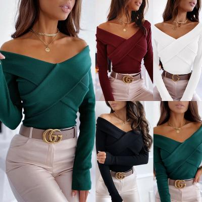 China 2021 Autumn New Sexy Layered Anti-pilling Early V-Neck Knit Sweater Shorts Off The Shoulder Sleeve Long Based Sweater Top for sale