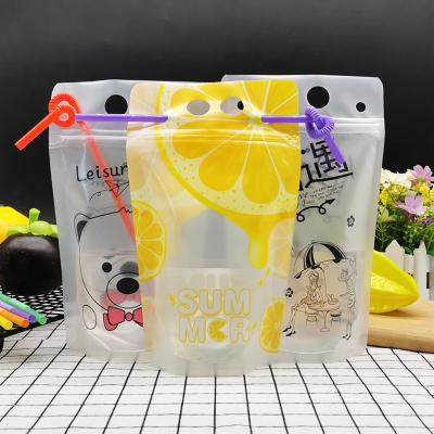 China Disposable Resealable Handheld Zipper Bags Clear Plastic Drinking Juice Sealed Drink Pouches With Plastic Straw for sale