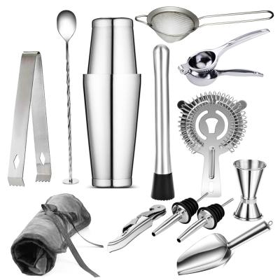 China Premium Stainless 14 Pieces Weighted Steel Bartender Cheap Cocktail Shaker Bar Tools Set Stainless Kit With Bag For Drink Mix for sale