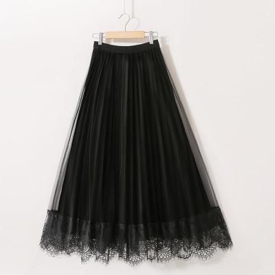 China Retro anti-static reversible lace soft pleated mesh high waist solid color solid color fairy mid length bright silk pungent skirt for sale