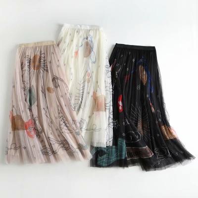 China Breathable 2022 new spring and summer high waist and thin a-line skirt with long printed mesh pleated skirt for sale