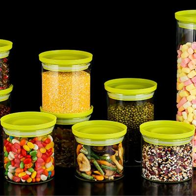 China Freshness Preservation Custom Round Glass Jar With Lids Airtight Borosilicate Transparent Glass Food Canisters For Tea Nuts Spice Candy for sale