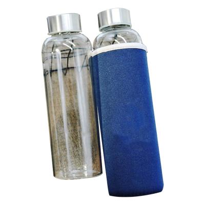 China Metal Lid Transparent Clear Stainless Steel Borosilicate Glass Drinking Water Bottle With Sleeve Cover for sale