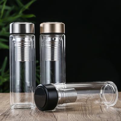 China 350Ml Sustainable Double Wall Custom Logo Glass Bottle Clear Glass Water Bottle With Tea Strainer for sale