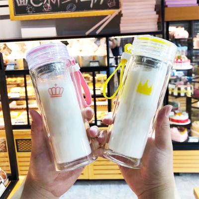 China Minimalist 300Ml Cylinder Frosted Portable Wide Mouth Colorful Reusable Glass Drinking Water Bottle With Plastic Cap for sale