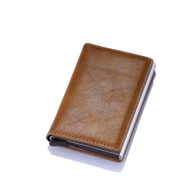 China Passport RFID Noise Blocking Automatic Function PU Leather Up Credit Card Holder Wallet With Metal Card Box for sale