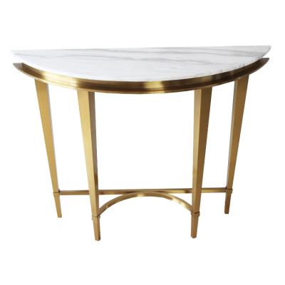 China Customized Stainless Steel Base Luxury Italian Gold Corridor Porch Table Hotel White Marble Top Console Table for sale