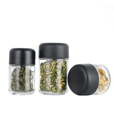 China Clear Airtight Medicine Hemp Storage Container Glass Bottle Jar With Child Proof Plastic Screw Lids for sale