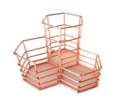 China House. Office. School Metal Wire Office Stationery Pen Holder 3 in 1 Rose Gold Metal Pencil Holders for sale