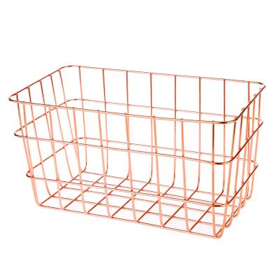 China Sustainable Rose Gold Wire Metal Basket For Storage Sundries Fruit Toys Storage Kitchen Home Hotel Bathroom Storage for sale