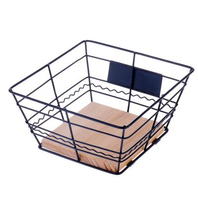 China Cute Black Metal Wire Small Basket Container Organizer Decorative Storage Boxes Storage Baskets With Wooden Base For Bathroom for sale