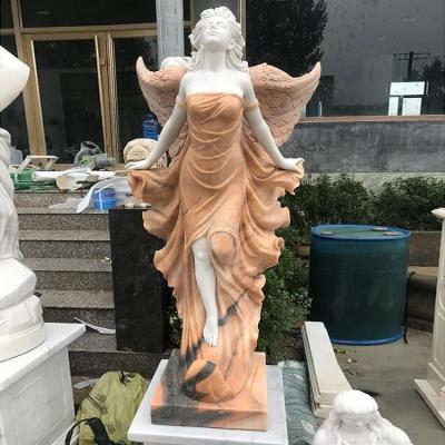 China Outdoor Indoor Decor Garden Hand Carved Natural Stone craft sculpture life size White red color matching Angel Marble Statue for sale