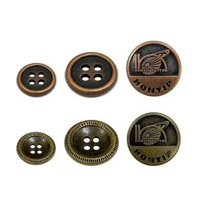 China Viable Custom Brand Logo Deboss Metal 4 Holes Sewing Button For Clothing for sale