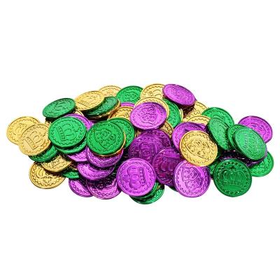 China Purple Mardi Gras Table Decorations Quick and Easy Set 100PCS Green Mardi Gras Coins Mardi Gras Plastic Coins Gold Chasing Games Party SP-18 for sale