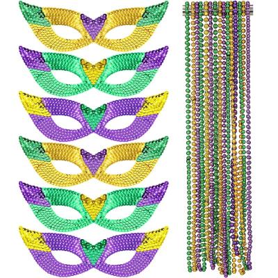 China Quick and Easy Set 18PCS Mardi Gras Face Masks and Mardi Gras Decorations Sequin Eye Mask Colorful Mardi Gras Necklaces for Party SP-23 for sale