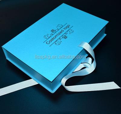 China Handmade Top Sale Custom Logo Blue Folding Gift Box With Ribbon Closures For Shawls And Apparel for sale