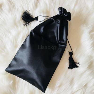 China Hair Satin / Custom Black Wig Hair Extension Waist Drawstring Packaging Bags With Tassels for sale