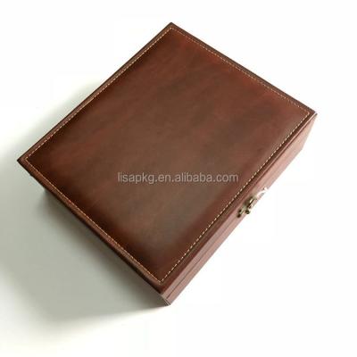 China Handmade Luxury Leather Brown PU Storage Buckle Jewelry Packaging Wooden Box for sale