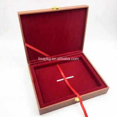 China Handmade Custom Logo Packaging Gift PU Leather Gift Velvet Embossed Wooden Box for sale