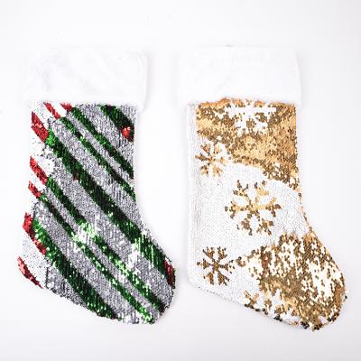 China Christmas Hanging Sequin Fabric New Year White Sequin Christmas Stocking Decoration Santa Socks for sale