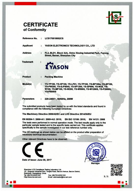 CE - Shenzhen Yason General Machinery Co., Ltd.