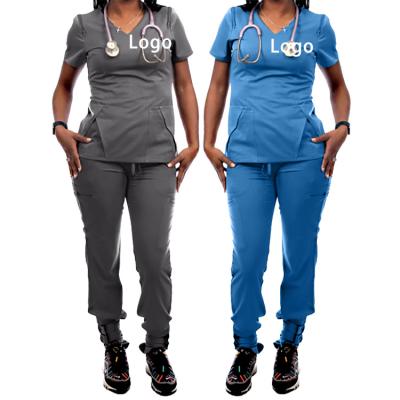 China New Design Comfortable Nursing Scrub Short Sleeve Uniforms Set Women V Neck Scrub Jogger Set for sale