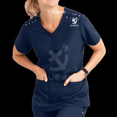 China Comfortable Pre-sale Spring Sleeve Short Sleeve Hospital Uniforms For Women Scrubs Shirts Tops Lace Up Nurse Scrubs Top for sale