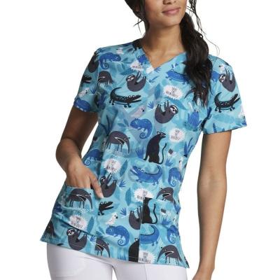 China Hot-selling Hospital Scrub Top Cartoon Cute Floral Print Nursing Scrub Top V-Neck Digital Print for sale