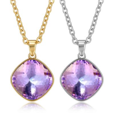 China Stainless Steel Durable Diamond Shaped Birthstone Pendant Necklace Violet Blue Crystal Gem Necklace Valentine's Day Gift for sale