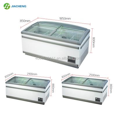 China Jiacheng Single-temperature auto-defrost seafood island freezer, glass door chest freezer, commercial display freezer for sale