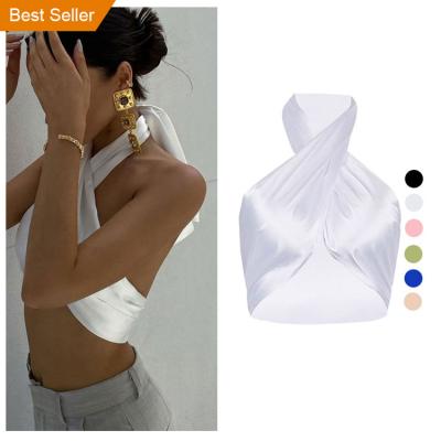 China 2021 Fashionable Products Chic Cross Halter Tank Tops Ladies Satin Camisole Breathable Tender Lace Up Crop Tops for sale