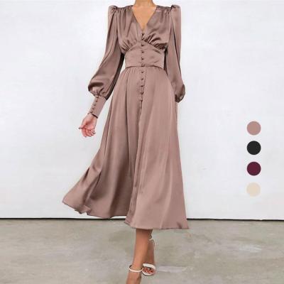 China 2021 Breathable Spring Puff Sleeve Satin Ladies Ruched V Neck Dress Dresses Pleated Elegant Bodycon Midi Dress Women for sale