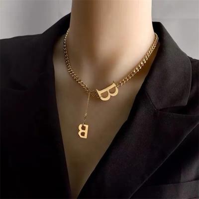 China MC-24 Vintage Fashion B Letter Stainless Steel Pendant Necklace For Woman 2022 Korean Hip Hop Jewelry Party Girl Cuban Link Chain for sale