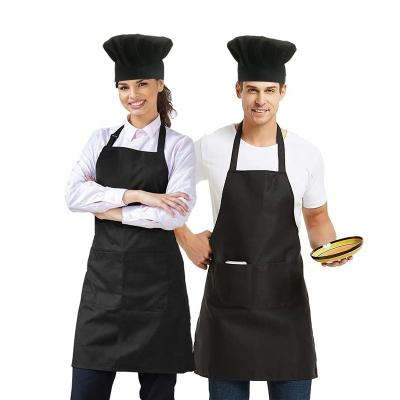 China Kitchen Black Apron Washable Custom Polyester Apron And Hat Set Chef Apron With Adjustable Buckle for sale