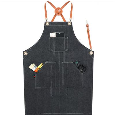 China Factory Denim Cleaning Apron Customized Logo Barista Canvas Apron With Leather Strap for sale