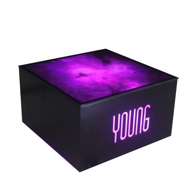 China Modern Custom Logo Modern Led Bar Counter Tempered Glass Top Bar Tables For Disco Ktv Night Club for sale