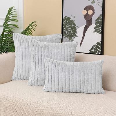 China Decorative Light Gray Soft Fluffy Lumbar Cushion Anti-bacteria Faux Fur Covers For Bed Sofa Chair Luxury Plush Textured Striped Living Room for sale