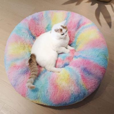 China Gradient Anti Worry Faux Fur Durable Fabric Super Soft Comfortable Donut Round Dog Cat Bed Washable Pet Cushion for sale