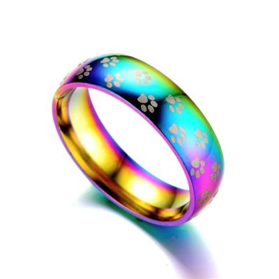 China Fashion Jewelry Footprints Ring Small Palm Feet Ring Simple Fit Colorful Titanium Steel Printing Hop Comfort Hip Jewelry for sale