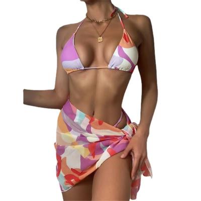 China 3PCS Bandage Halter Bikini Triangle Strap Printed Anti-UV Swimsuit With Skirts Swimwear for sale