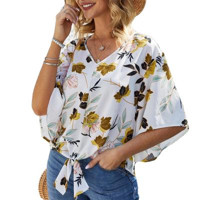 China New Breathable Women's Explosive Models Knotted Flared Loose Shirt Sheath Printed Chiffon Shirts for sale